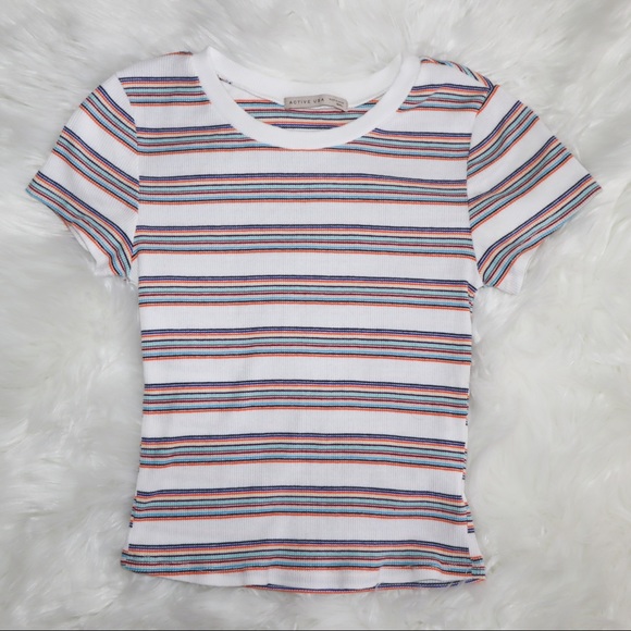Retro White and Multi-Color Striped Ribbed T-Shirt - Picture 3 of 5